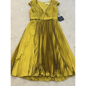 Ieena For Mac Duggal V-Neck Cap Sleeve Pleated Satin Belted A-Line Midi Dress 12